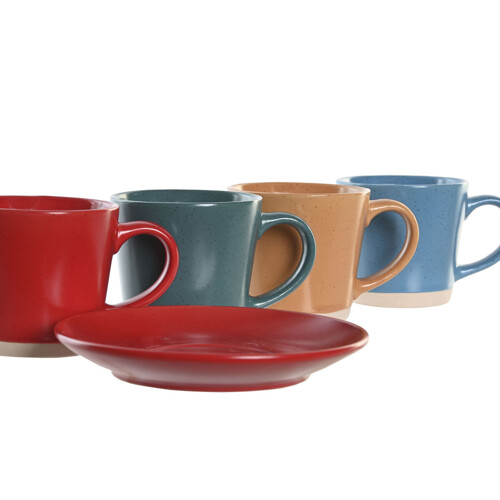 Set Šalica s Tanjurićima DKD Home Decor Crvena Plava Zelena Rumena Gres Ker...