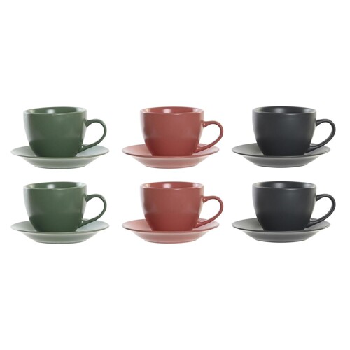 Set 6 Šalica s Tanjurićem DKD Home Decor Roza Bijela Zelena Tamno sivo Gres...