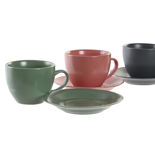 Set 6 Šalica s Tanjurićem DKD Home Decor Roza Bijela Zelena Tamno sivo Gres...