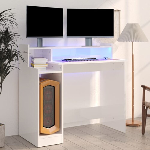 vidaXL Radni stol s LED svjetlima bijeli 97x45x90 cm konstruirano drvo