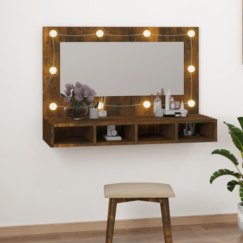 vidaXL Ormarić s ogledalom LED boja dimljenog hrasta 90 x 31,5 x 62 cm
