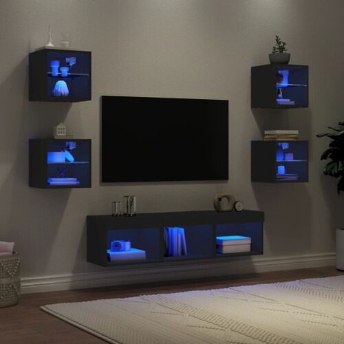 vidaXL 7-dijelni zidni TV elementi s LED svjetlima crni drveni