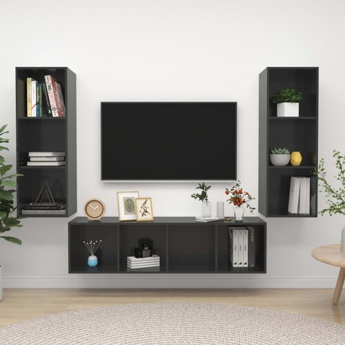 vidaXL 3-dijelni set TV ormarića visoki sjaj sivi konstruirano drvo