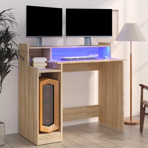 vidaXL Radni stol s LED svjetlima hrast 97x45x90 cm konstruirano drvo