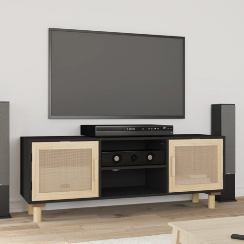vidaXL TV ormarić crni 105 x 30 x 40 cm od borovine i prirodnog ratana