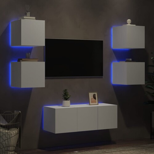 vidaXL 6-dijelni zidni TV elementi s LED svjetlima bijeli drveni
