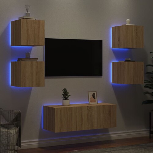 vidaXL 6-dijelni zidni TV elementi s LED svjetlima boja hrasta drveni