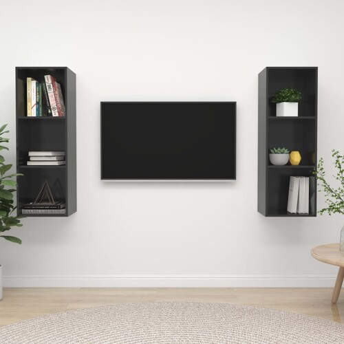 vidaXL Zidni TV ormarići 2 kom visoki sjaj sivi od konstruiranog drva