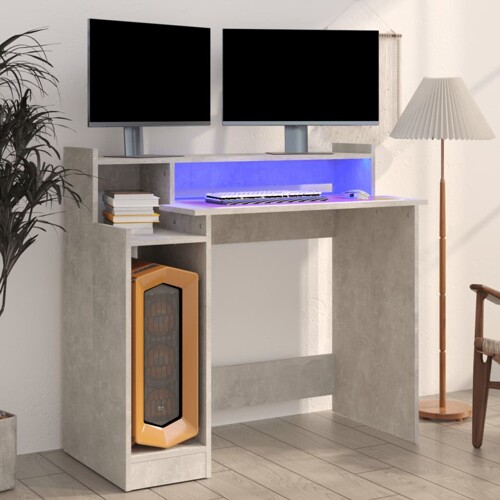 vidaXL Radni stol s LED svjetlima sivi 97x45x90 cm konstruirano drvo