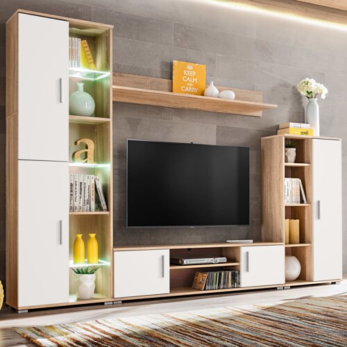 vidaXL Zidni TV element s LED svjetlima boja hrasta sonome i bijela
