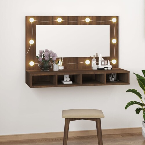 vidaXL Ormarić s ogledalom LED boja smeđeg hrasta 90x31,5x62 cm