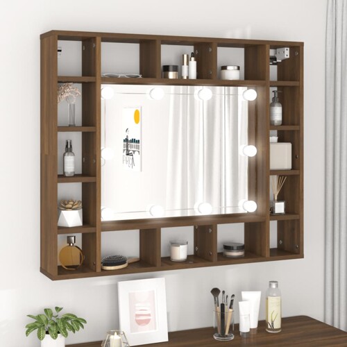vidaXL Ormarić s ogledalom LED boja smeđeg hrasta 91x15x76,5 cm