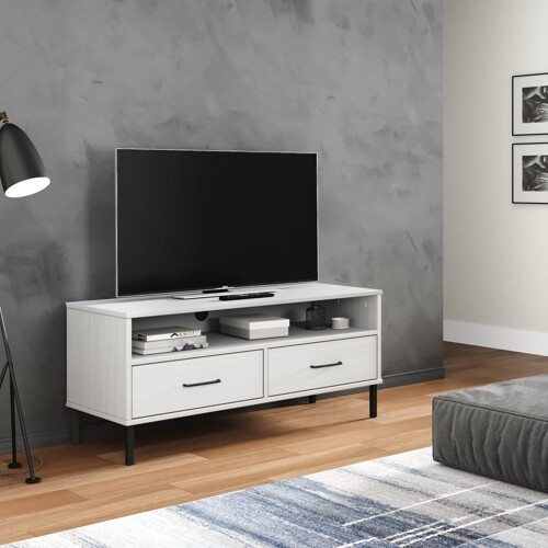 vidaXL Ormarić za TV s metalnim nogama bijeli od masivne borovine OSLO