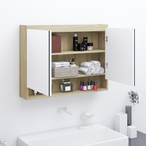 vidaXL Kupaonski ormarić s ogledalom 80 x 15 x 60 cm MDF bijeli/hrast