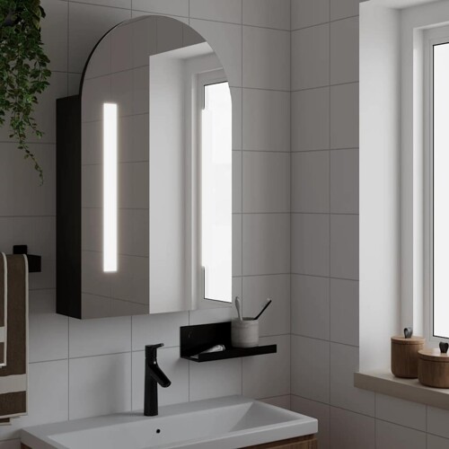 vidaXL Kupaonski ormarić s ogledalom LED lučni crni 42 x 13 x 70 cm