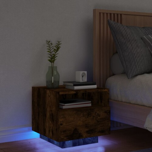 vidaXL Noćni ormarić s LED svjetlima boja dimljenog hrasta 40x39x37 cm