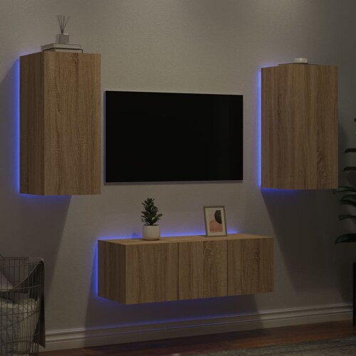vidaXL 4-dijelni zidni TV elementi s LED svjetlima boja hrasta drveni