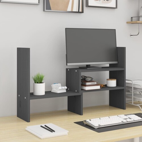 vidaXL Stalak za monitor sivi (39 - 72) x 17 x 43 cm masivna borovina