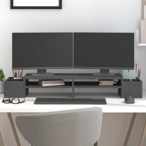 vidaXL Stalak za monitor sivi 100 x 27,5 x 15 cm od masivne borovine