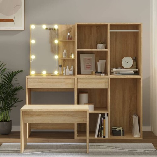vidaXL Set toaletnog stolića boja hrasta sonome LED konstruirano drvo