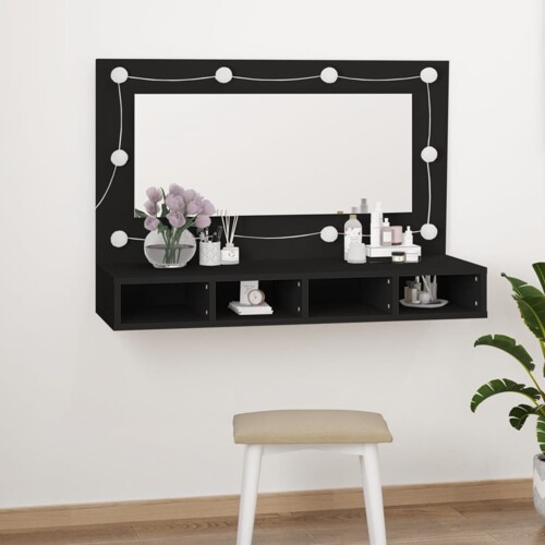 vidaXL Ormarić s ogledalom i LED svjetlima crni 90 x 31,5 x 62 cm