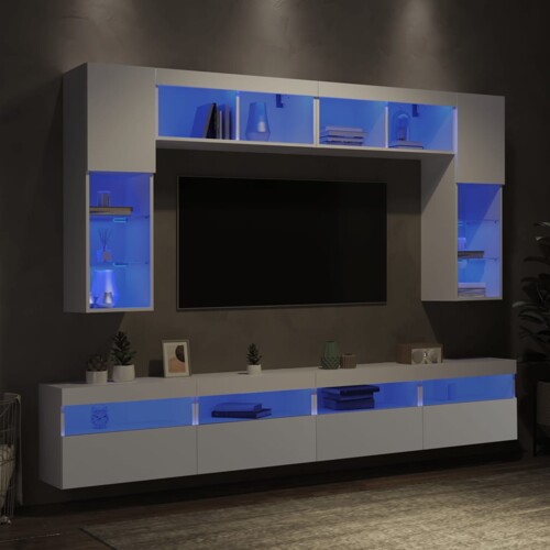 vidaXL 8-dijelni set zidnih TV ormarića s LED svjetlima bijeli