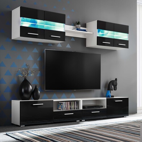 vidaXL 5-dijelni set zidnih TV elemenata LED crni visokog sjaja