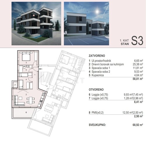 Šimuni, NOVOGRADNJA, 3-sobni apartman sa pogledom na more -