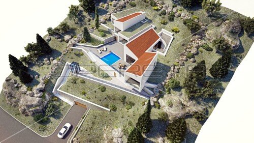 Zemljište s projektom luksuzne vile modernog dizajna prvi red do mora, Stari...