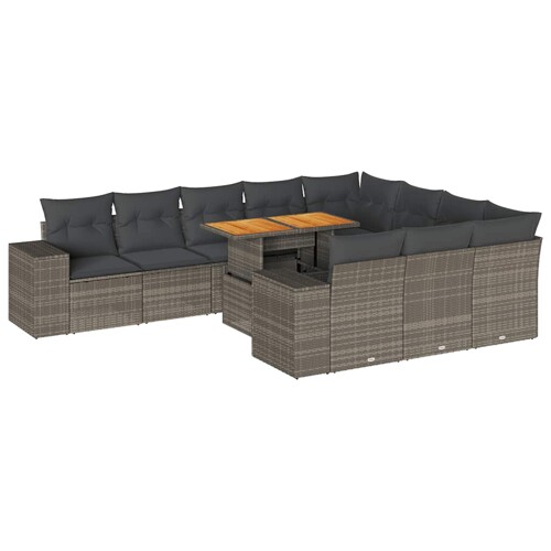10-dijelni set vrtnih sofa poliratan i bagrem s jastucima sivi - NOVO