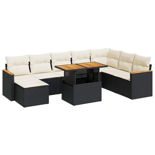 9-dijelni set vrtnih sofa s jastucima crni od poliratana bagrem - NOVO