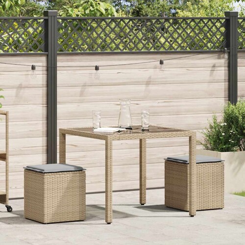 Vrtni tabure s jastucima 2 kom bež 40x40x43 cm poliratan - NOVO