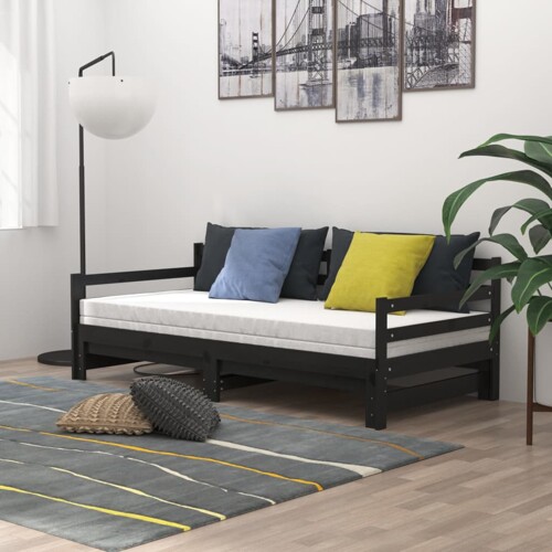 Dnevni ležaj na izvlačenje crni od borovine 2 x (90 x 200) cm - NOVO