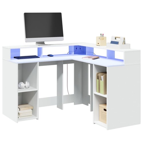 vidaXL Radni stol s LED svjetlima bijeli 130 x 130 x 91 cm drveni