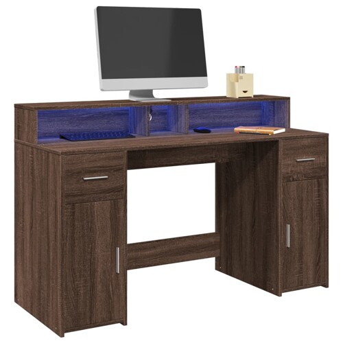 vidaXL Radni stol s LED svjetlima smeđa boja hrasta 140x55x91cm drveni