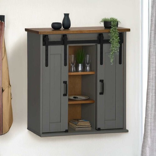 vidaXL Viseći ormarić HALDEN 2 klizna vrata sivi 75x22,5x70 cm bor
