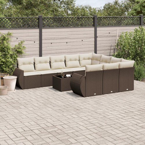 vidaXL 11-dijelni set vrtnih sofa od poliratana s jastucima smeđi
