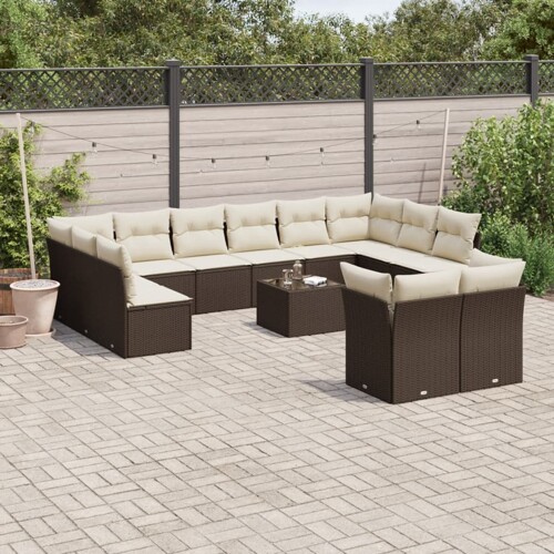 vidaXL 13-dijelni set vrtnih sofa s jastucima smeđi od poliratana