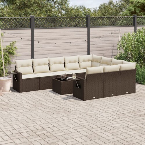 vidaXL 11-dijelni set vrtnih sofa od poliratana s jastucima smeđi