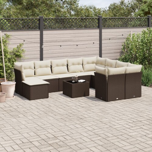 vidaXL 11-dijelni set vrtnih sofa od poliratana s jastucima smeđi