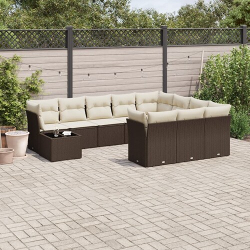 vidaXL 11-dijelni set vrtnih sofa od poliratana s jastucima smeđi