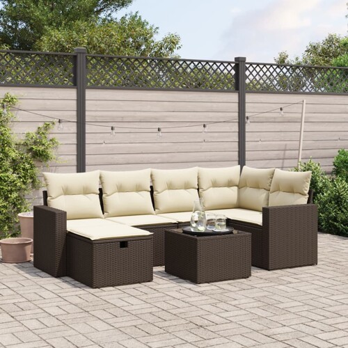 vidaXL 7-dijelni set vrtnih sofa od poliratana s jastucima smeđi