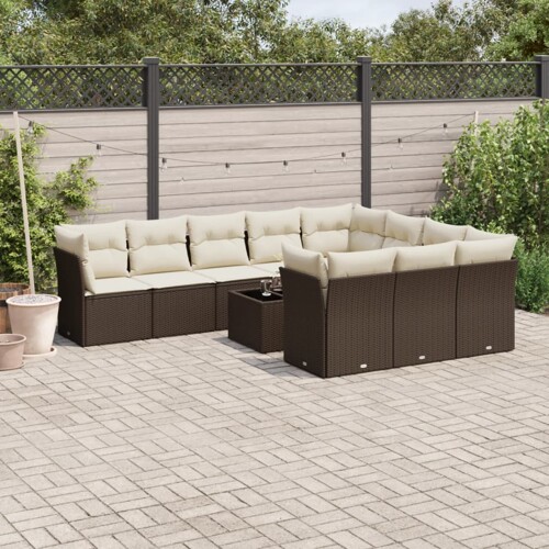 vidaXL 11-dijelni set vrtnih sofa od poliratana s jastucima smeđi