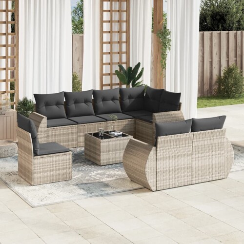 vidaXL 9-dijelni set vrtnih sofa od poliratana s jastucima svjetlosivi