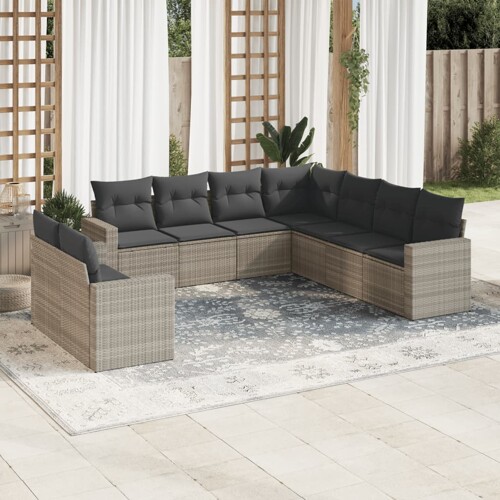 vidaXL 9-dijelni set vrtnih sofa od poliratana s jastucima svjetlosivi