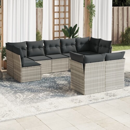 vidaXL 9-dijelni set vrtnih sofa od poliratana s jastucima svjetlosivi