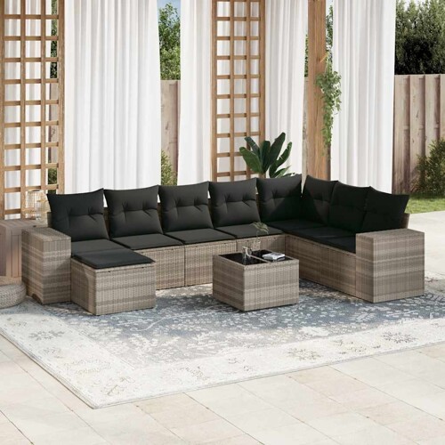 vidaXL 9-dijelni set vrtnih sofa od poliratana s jastucima svjetlosivi