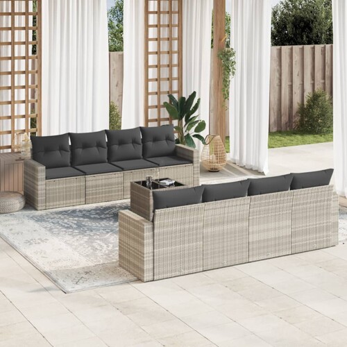 vidaXL 9-dijelni set vrtnih sofa od poliratana s jastucima svjetlosivi