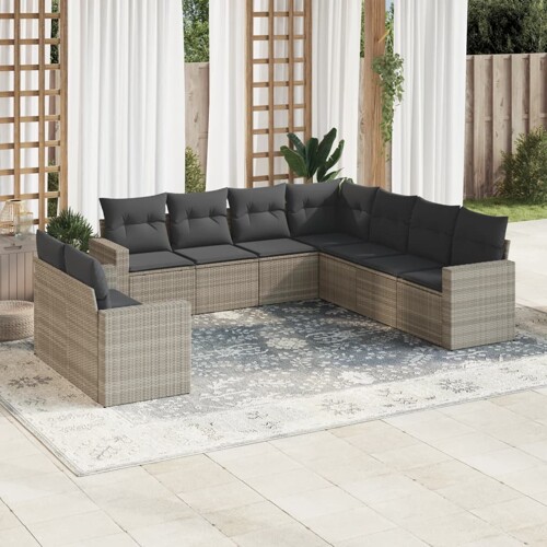 vidaXL 9-dijelni set vrtnih sofa od poliratana s jastucima svjetlosivi