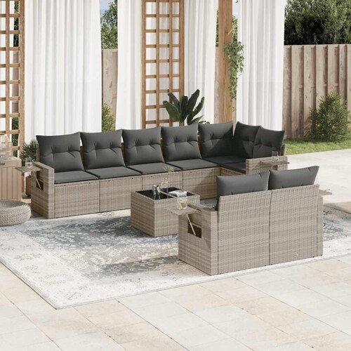vidaXL 9-dijelni set vrtnih sofa od poliratana s jastucima svjetlosivi
